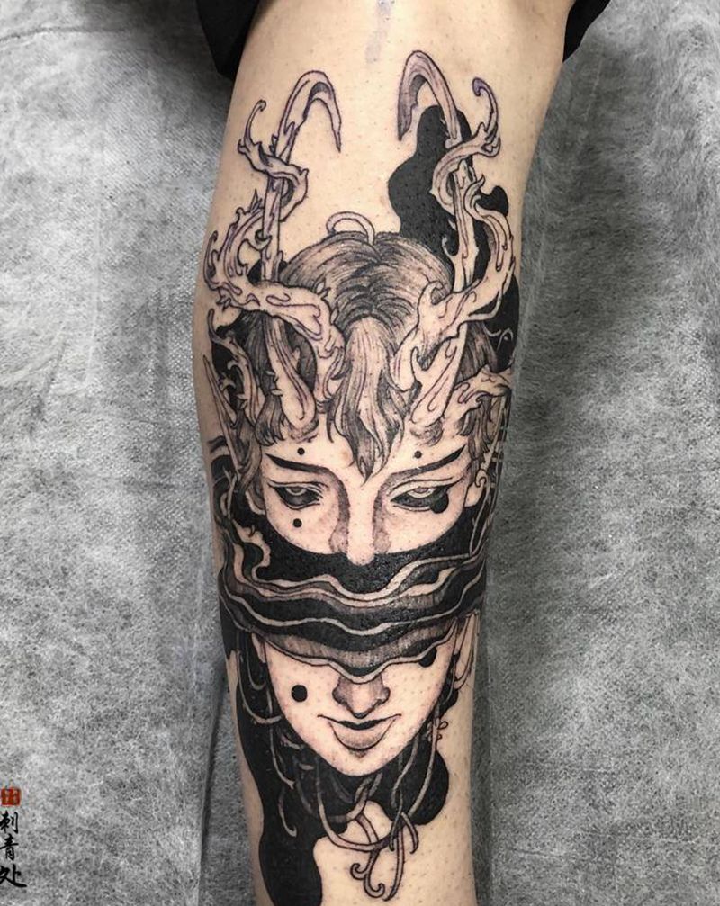 龙女纹身图片_腿部点刺纹身图案