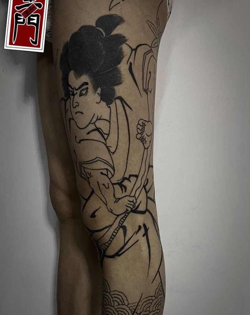 鬼若丸花腿纹身图片_腿部老传统纹身图案