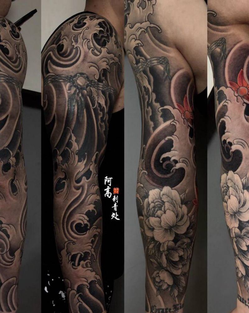 新传统水浪纹身纹身图片_手臂新传统纹身图案