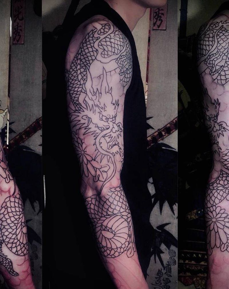 龙臂纹身图片_手部手臂老传统龙 花臂日式纹身图案