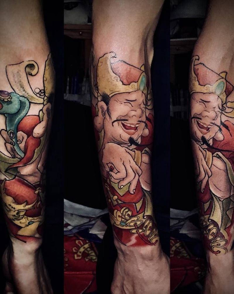 黄财神纹身图片_手部手臂新传统水彩财神招财彩色纹身图案