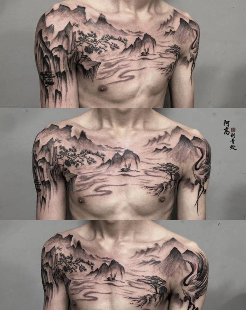 水墨山水纹身纹身图片_胸部手臂水墨纹身图案