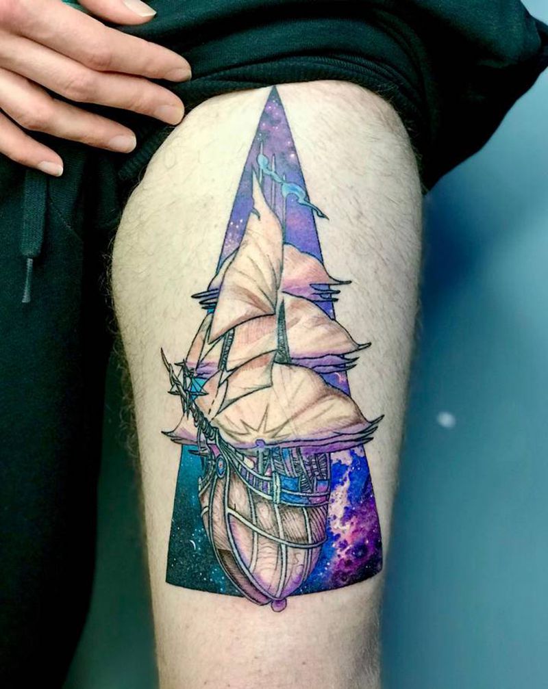 帆船星空纹身图片_New School纹身图案