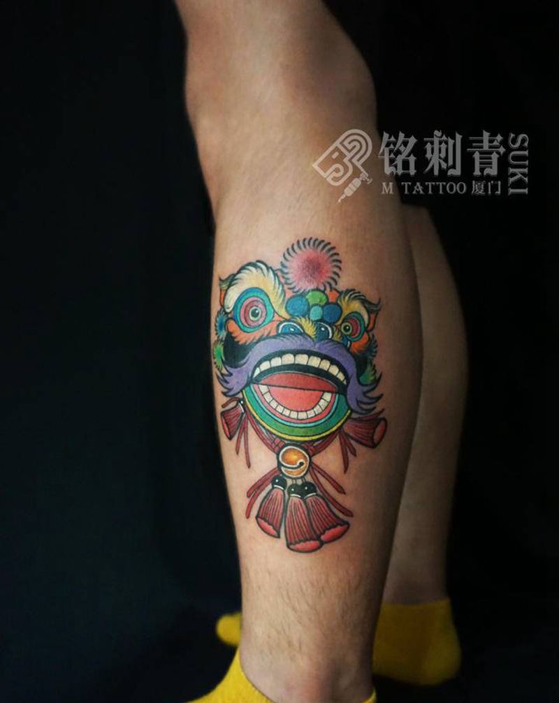 Oldschool唐狮纹身图片_腿部Old School原创纹身图案