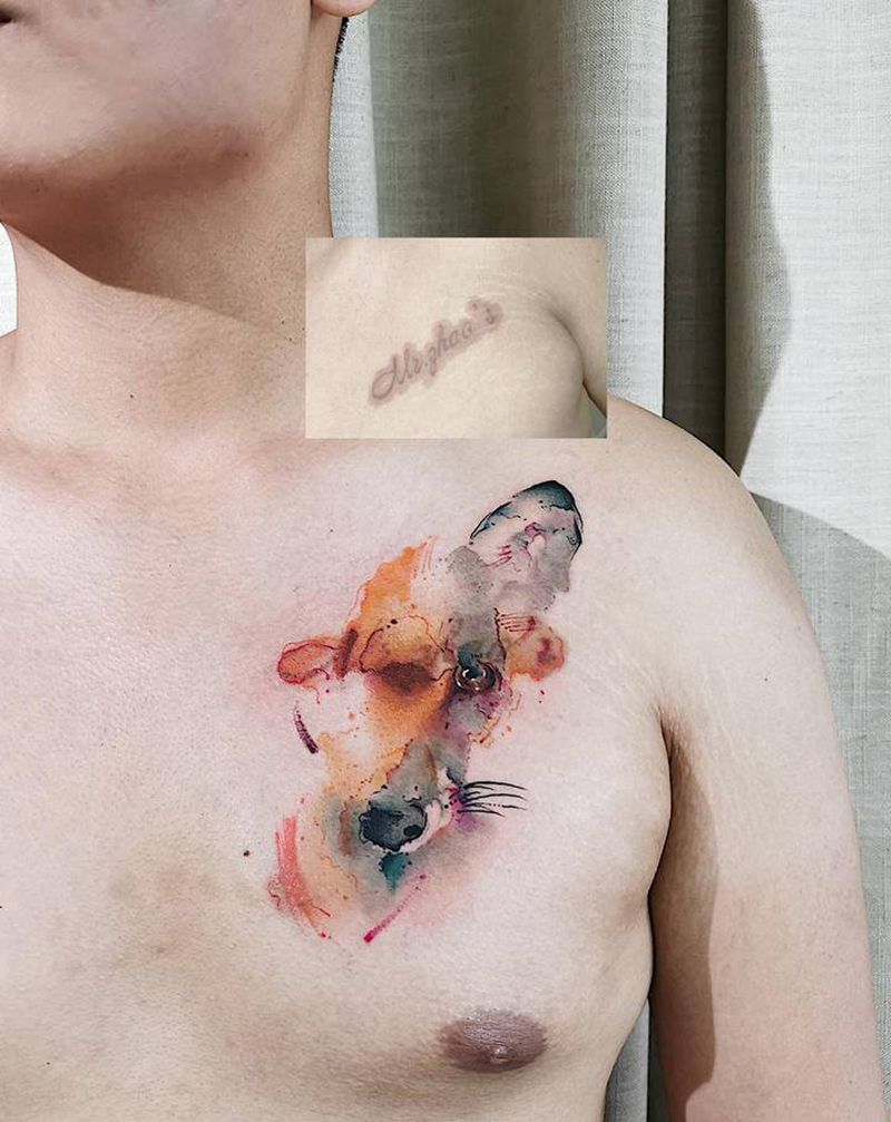 水墨狐狸遮盖纹身图片_胸部水墨纹身图案