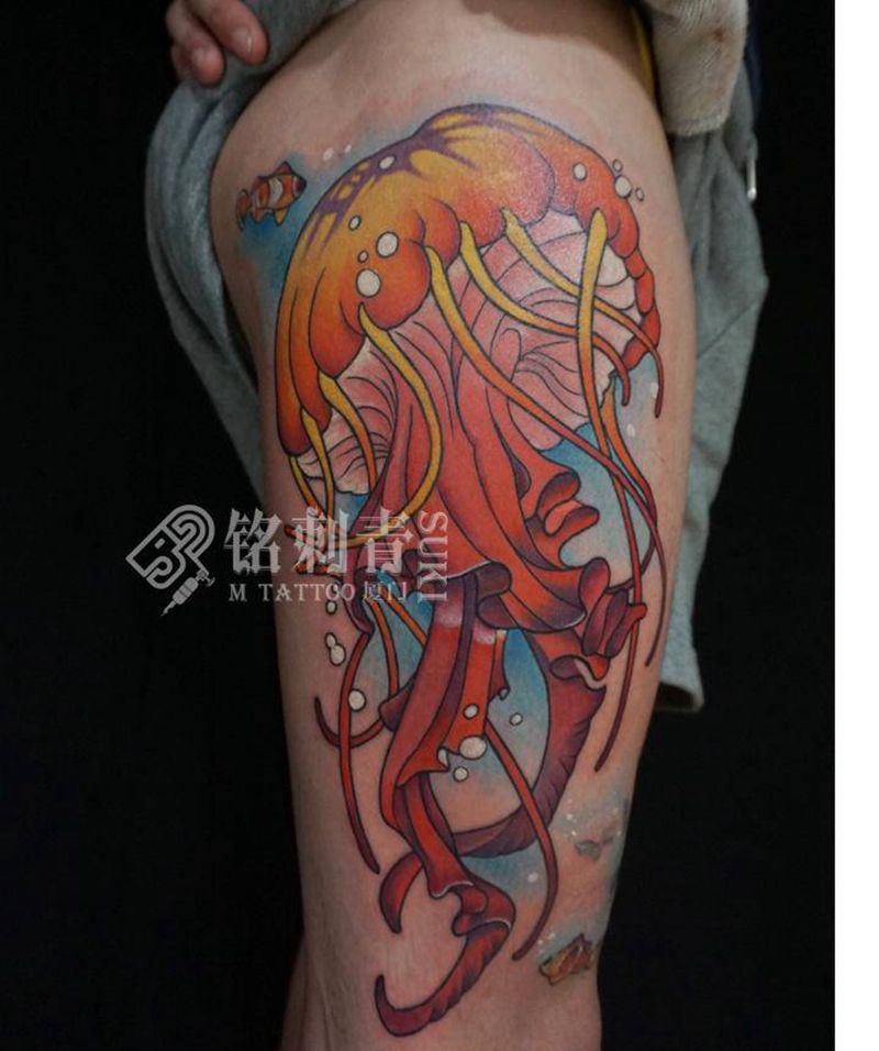 水母纹身图片_腿部New School原创纹身图案