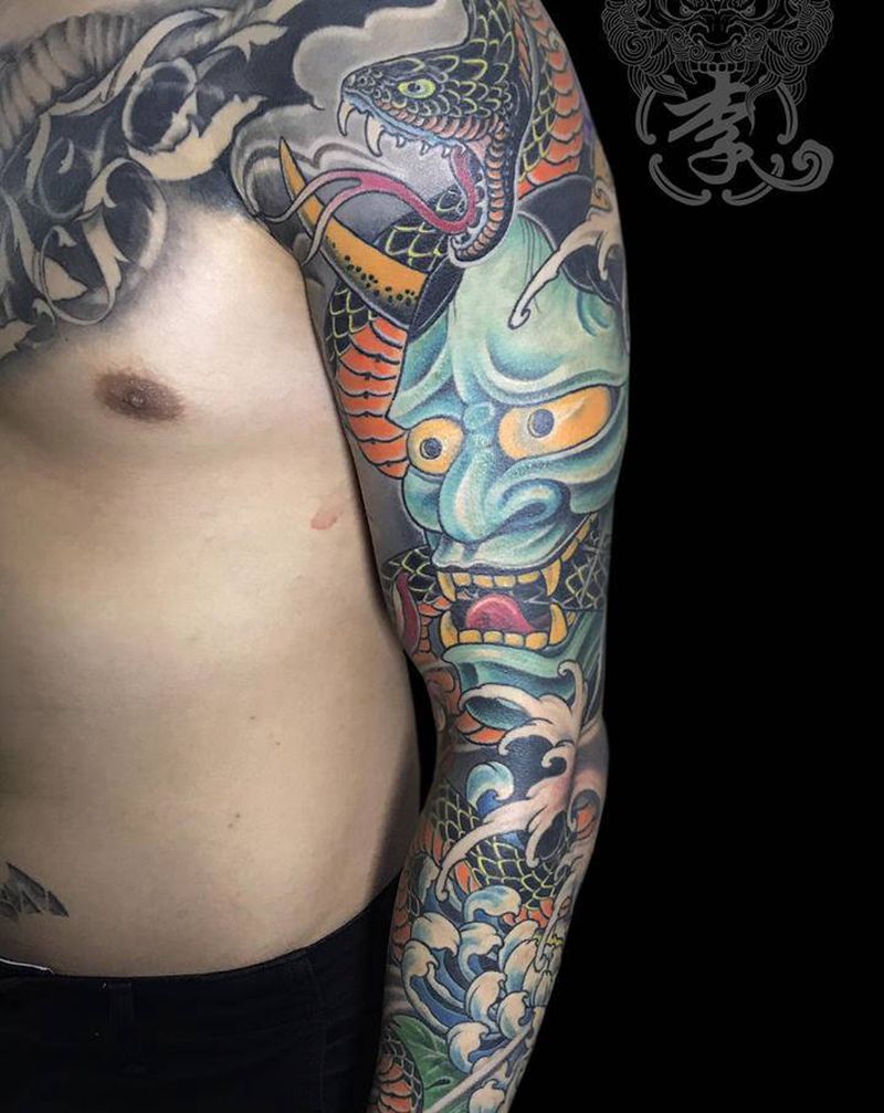 般若花臂纹身图片_手臂手部老传统新传统纹身图案