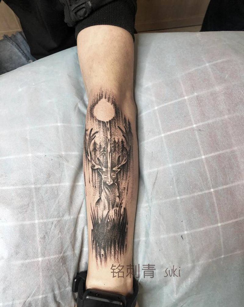 麋鹿纹身图片_手臂欧美暗黑  点刺纹身图案
