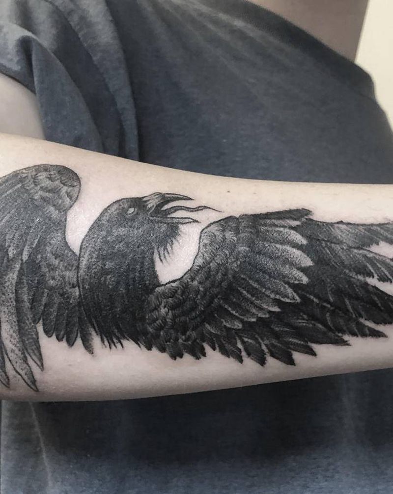 乌鸦纹身图片_手臂点刺欧美暗黑纹身图案