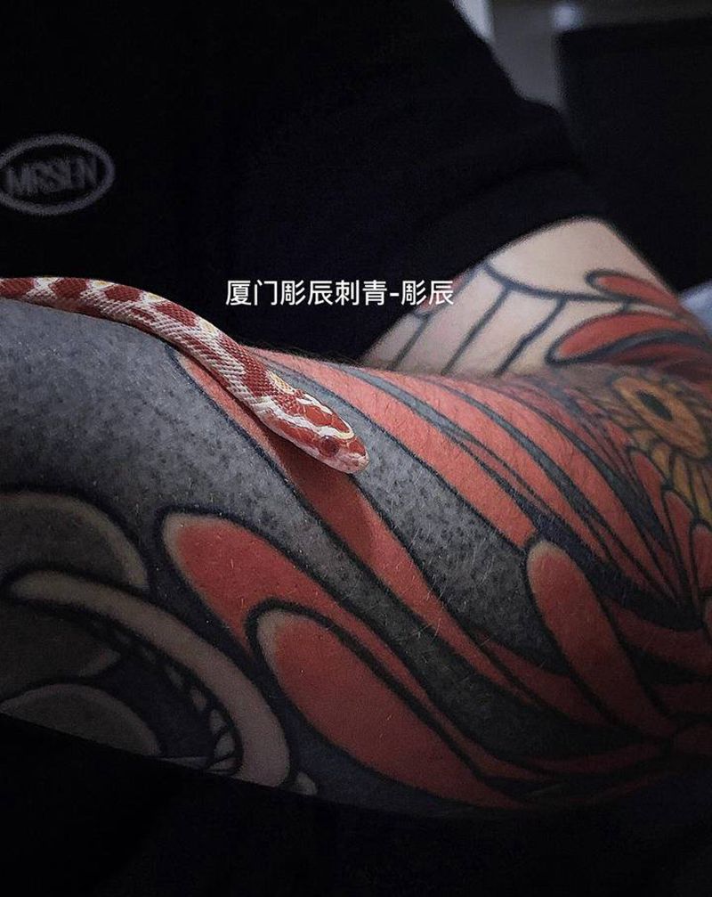花臂蛇➕菊花（未完）纹身图片_手臂老传统纹身图案