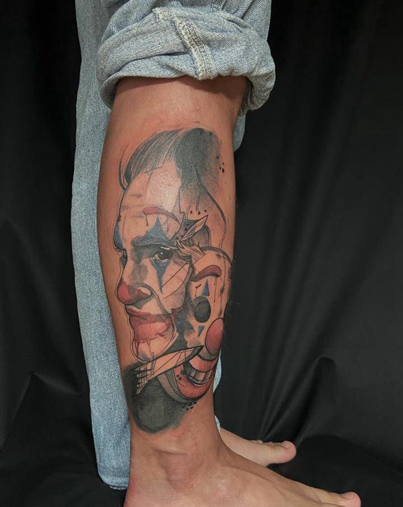 小丑 遮盖纹身图片_腿部New School遮盖旧图纹身图案
