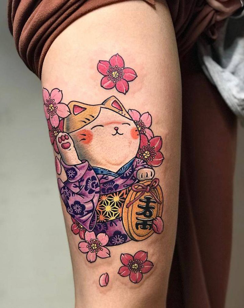 招财猫纹身图片_腿部新传统老传统厦门小李刺青纹身图案