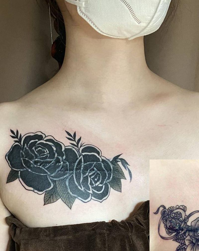 玫瑰纹身图片_Old School盖中盖 第三次遮盖纹身图案