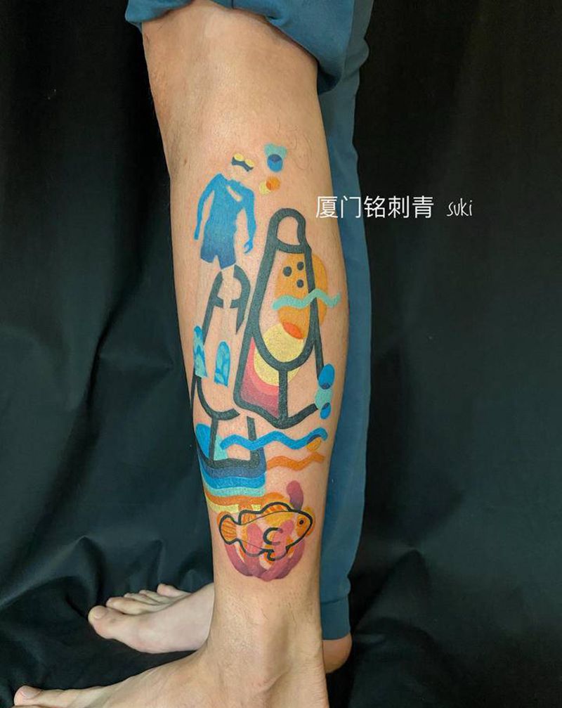 潜水脚蹼纹身图片_腿部Old School图腾原创设计纹身图案