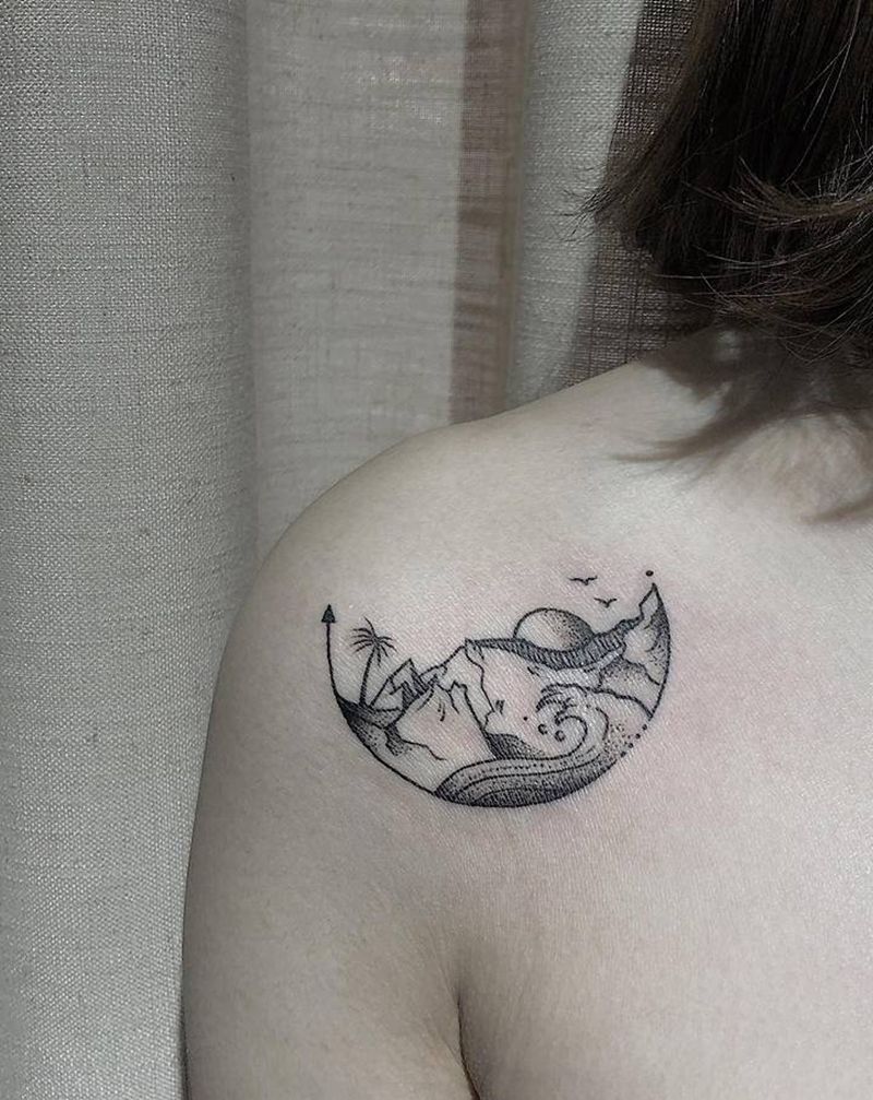 山海纹身图片_手臂点刺纹身图案