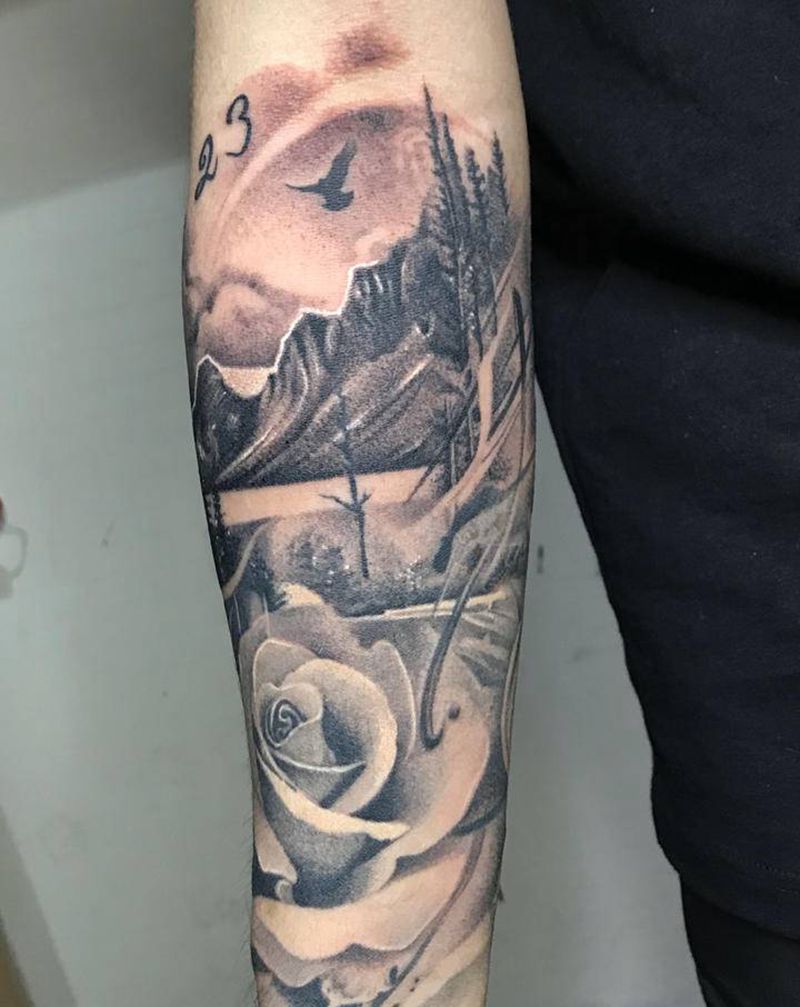 欧美风景加图纹身图片_手臂手部欧美写实点刺厦门小李刺青纹身图案