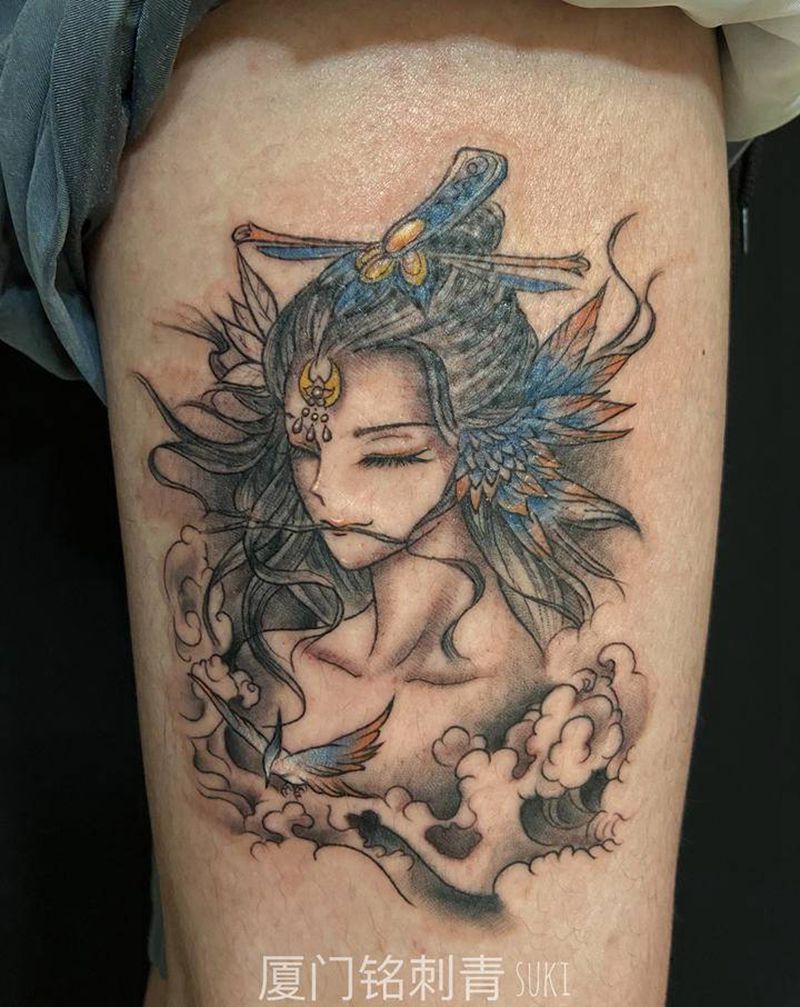 精卫填海纹身图片_腿部新传统纹身图案