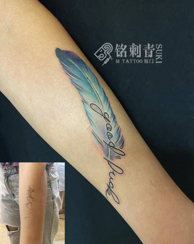羽毛纹身图片_手臂水彩纹身图案