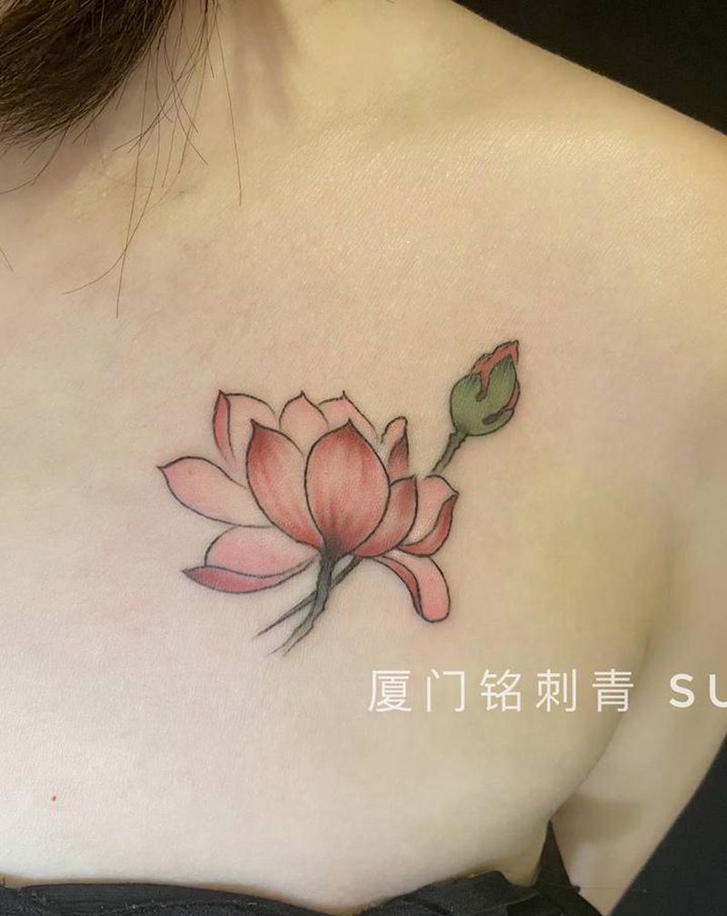 小清新荷花纹身图片_胸部小清新荷花纹身图案