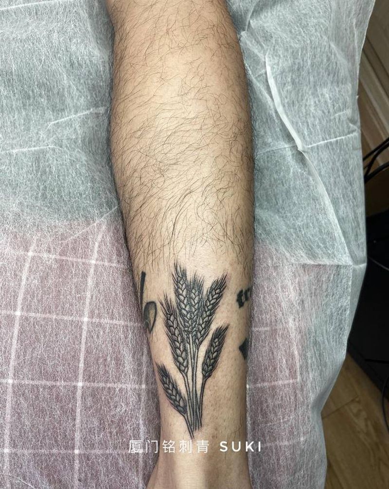 麦穗纹身图片_腿部Old School暗黑植物麦穗纹身图案