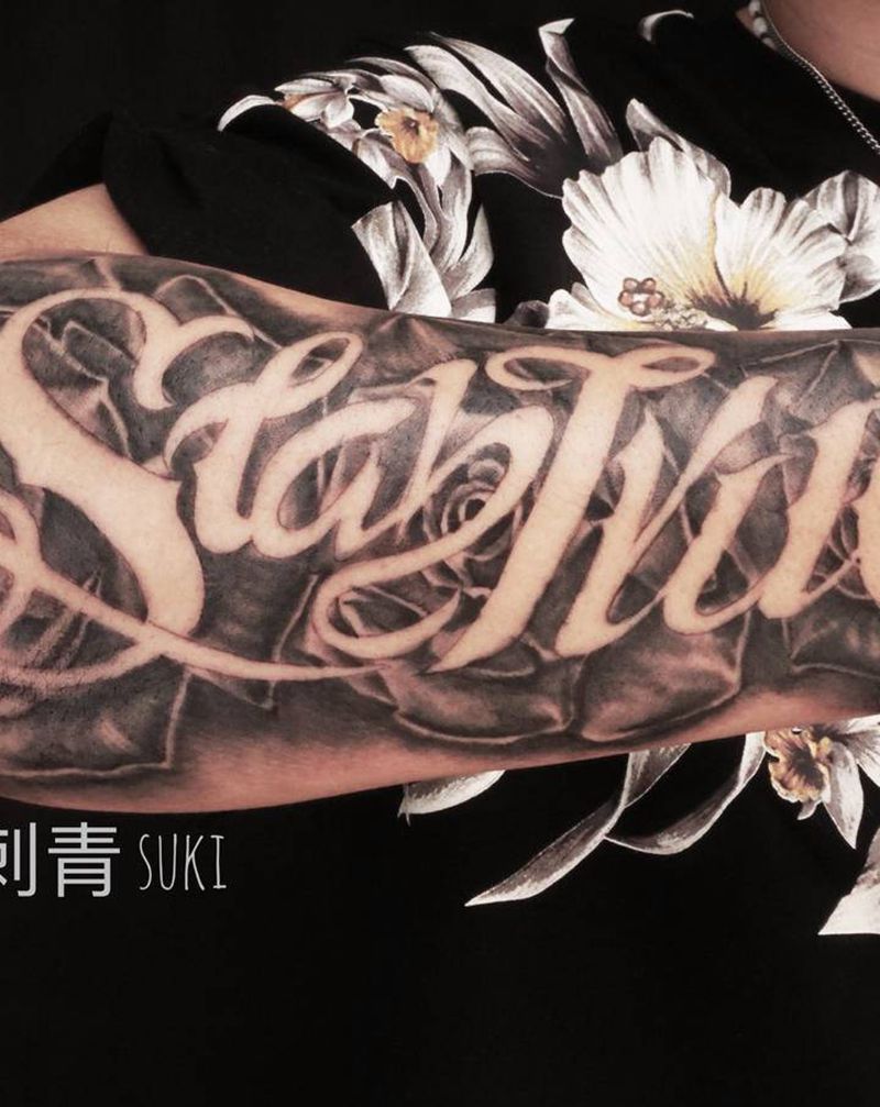 奇卡诺纹身图片_手臂花体字欧美写实奇卡诺英文原创纹身图案