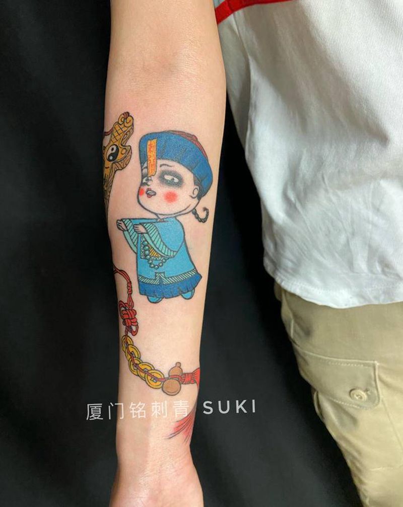 僵尸系列纹身图片_手臂Old School僵尸桃木剑五帝钱纹身图案