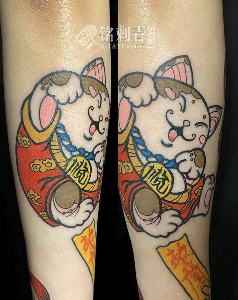 oldschool拼接花臂纹身图片_手臂Old School僵尸招财猫御守纹身图案