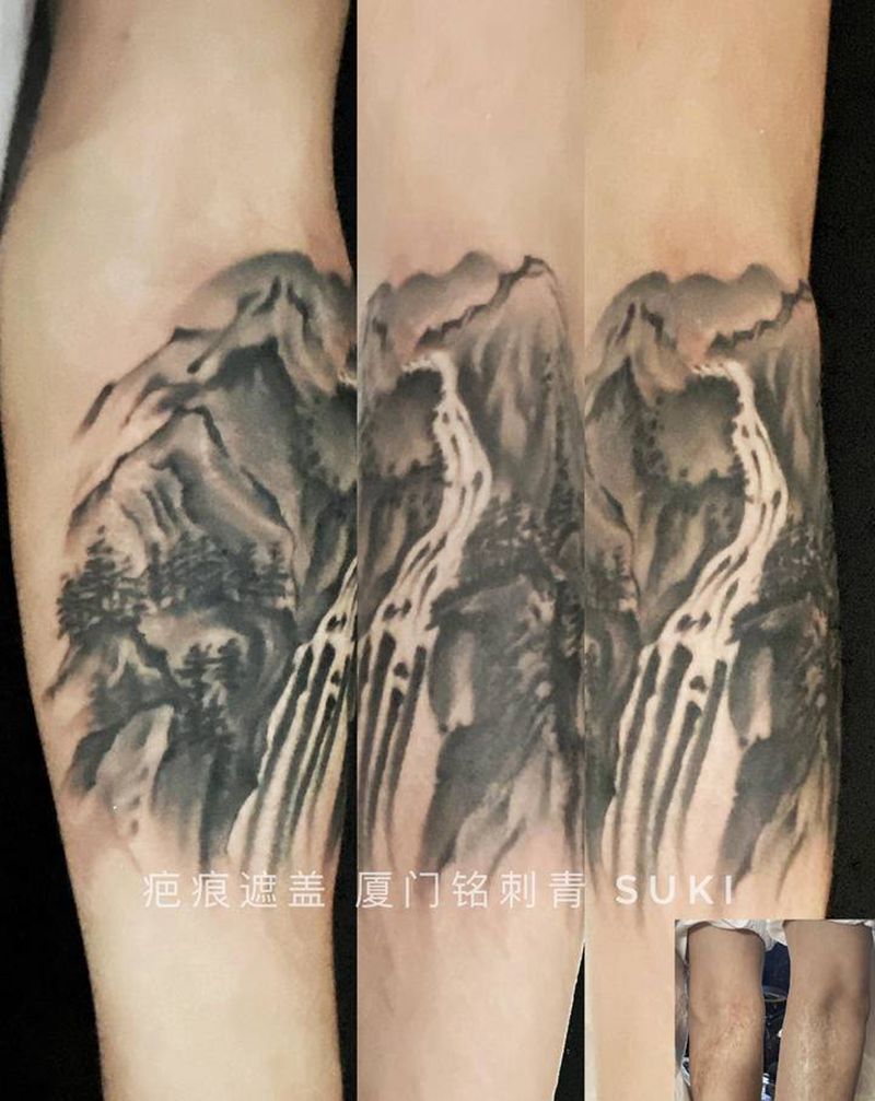 烫伤疤痕遮盖纹身图片_手臂水墨遮盖疤痕写意山水纹身图案