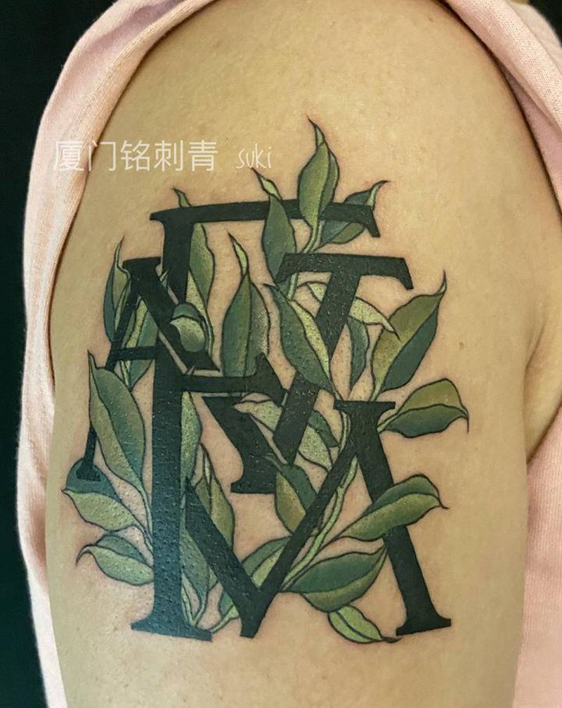 乐队标志定做纹身图片_手臂New School图腾树叶纹身图案