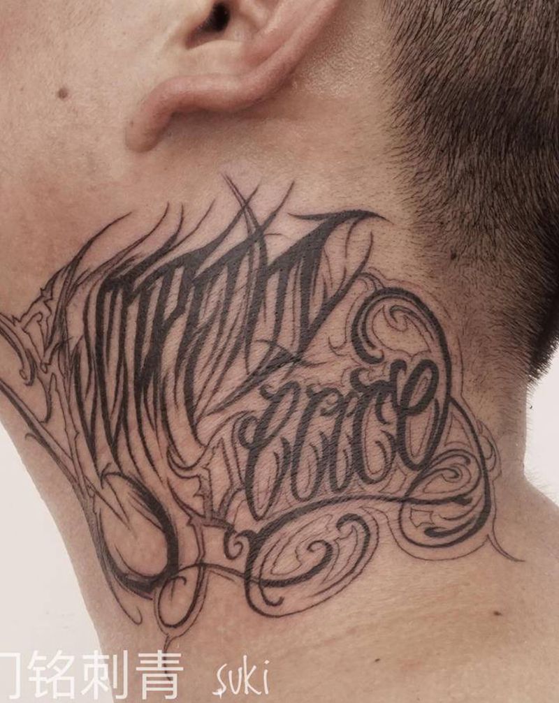 英文纹身纹身图片_颈部花体字纹身图案