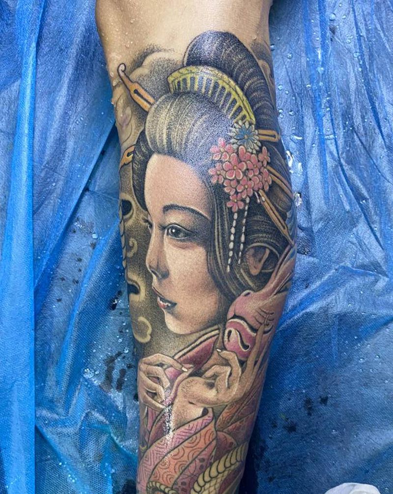 艺妓包小腿纹身图片_腿部脚部新传统欧美写实小李刺青厦门纹身图案