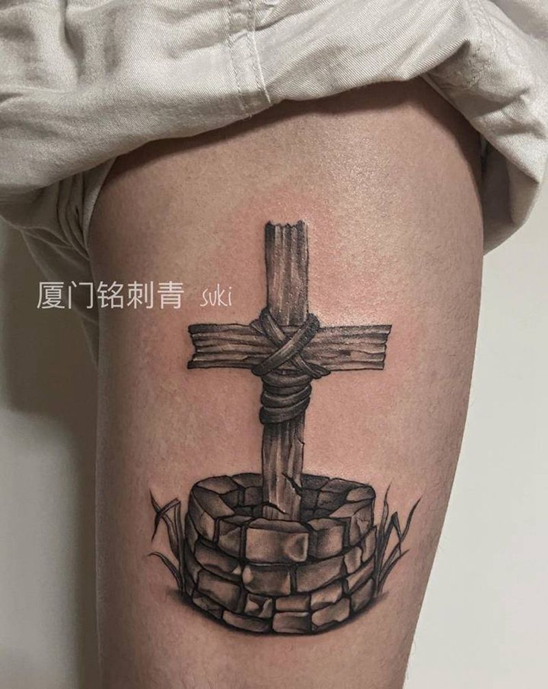 十字架纹身纹身图片_腿部欧美写实遮盖胎记命题定做纹身图案