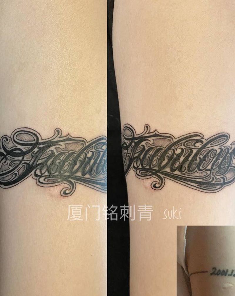 遮盖奇卡诺纹身图片_手臂花体字纹身图案