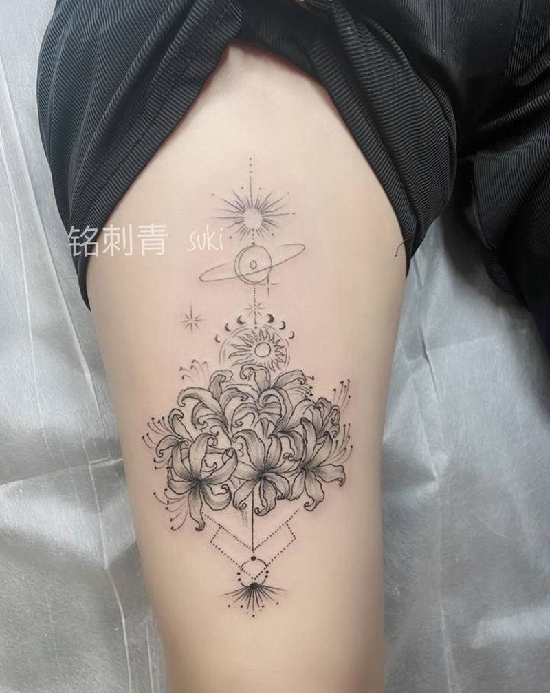 定做素花纹身图片_腿部点刺彼岸花纹身图案