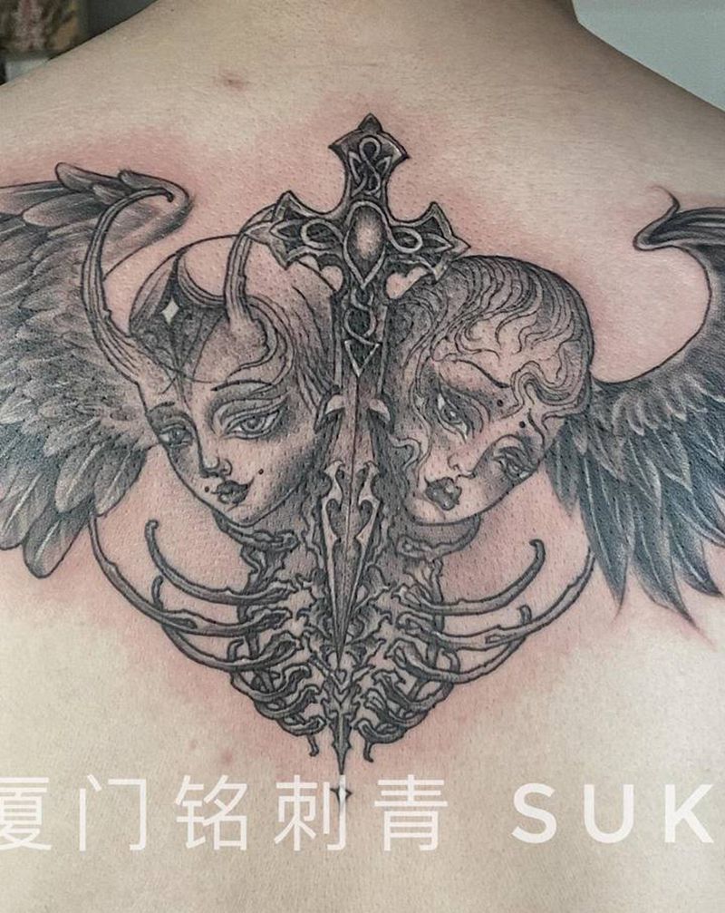 双子座纹身图片_背部欧美暗黑定做双子座纹身图案