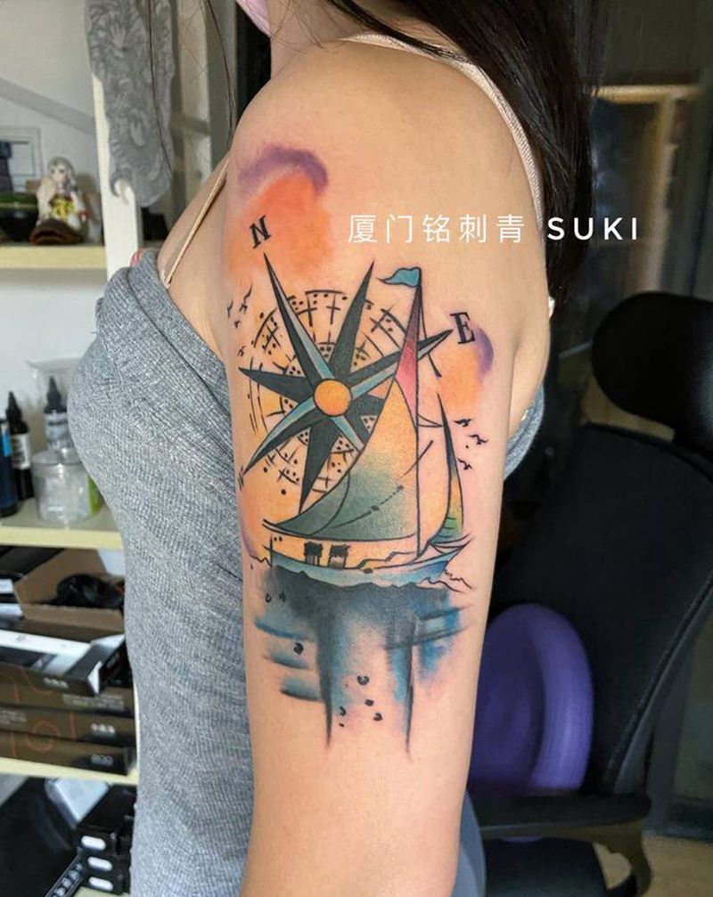 帆船纹身图片_手臂水彩生日礼物纹身图案