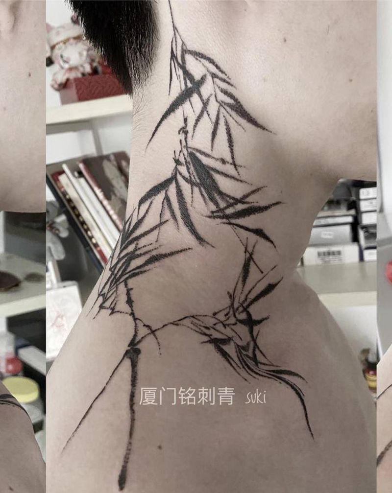 竹纹身图片_颈部点刺纹身图案