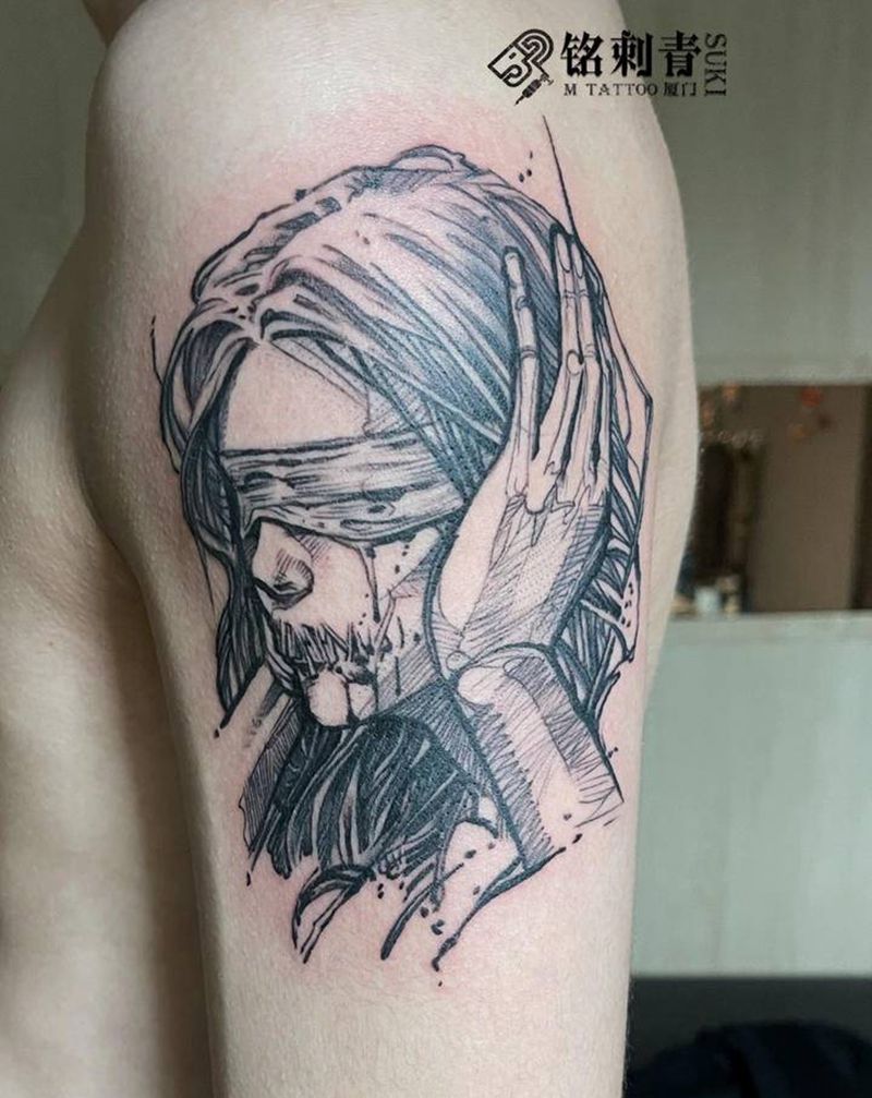 插画女孩纹身图片_手臂欧美暗黑插画纹身图案