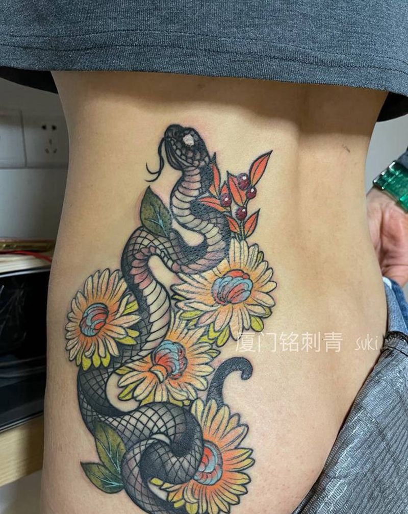 蛇和雏菊纹身图片_腰部New School定做纹身图案