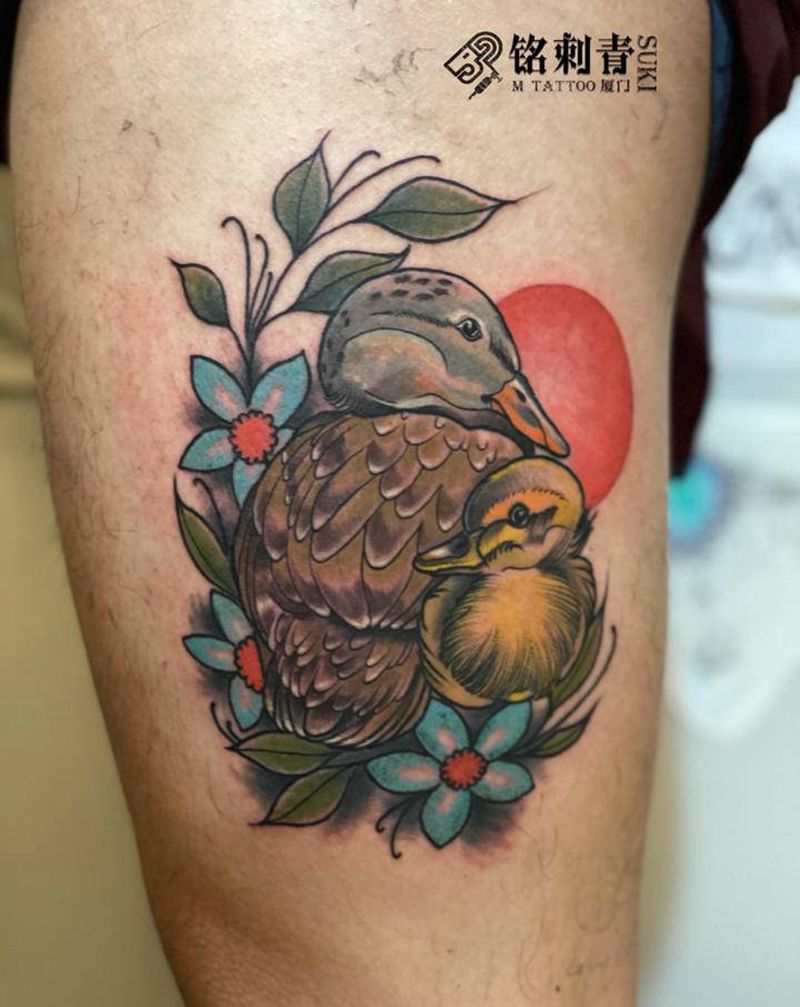 一对鸭纹身图片_腿部Old School纹身图案