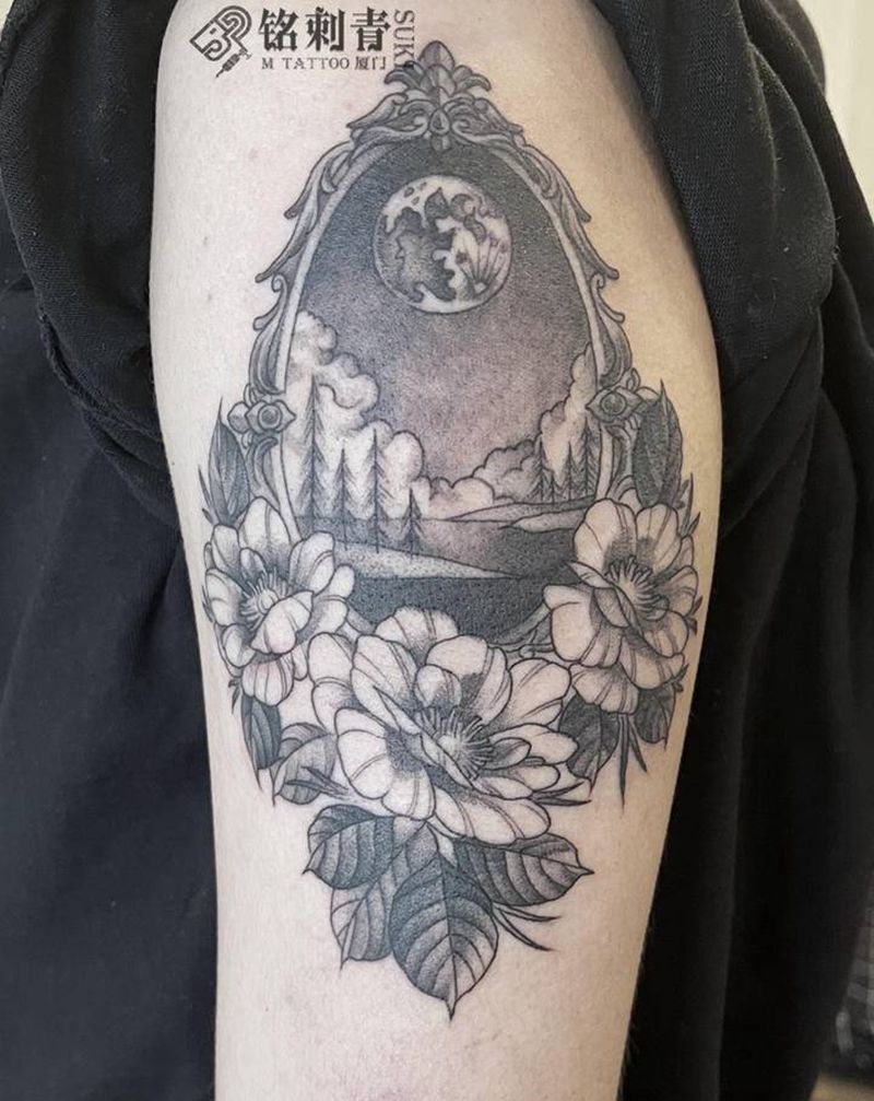 素花纹身图片_手臂点刺欧美黑灰纹身图案