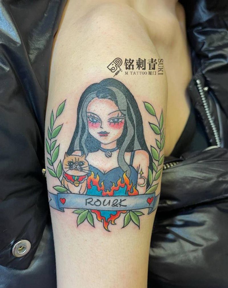 卡通头像对儿纹身图片_手臂原创欧美彩色纹身图案