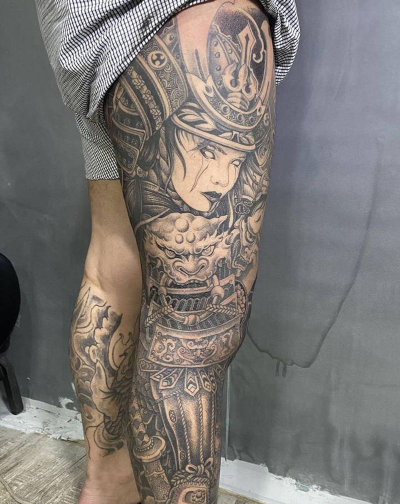 姬武士包腿纹身图片_腿部脚部新传统欧美写实厦门小李刺青李哥作品纹身图案