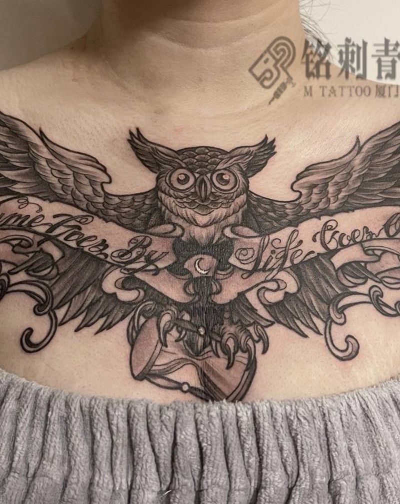 猫头鹰纹身图片_胸部New School纹身图案
