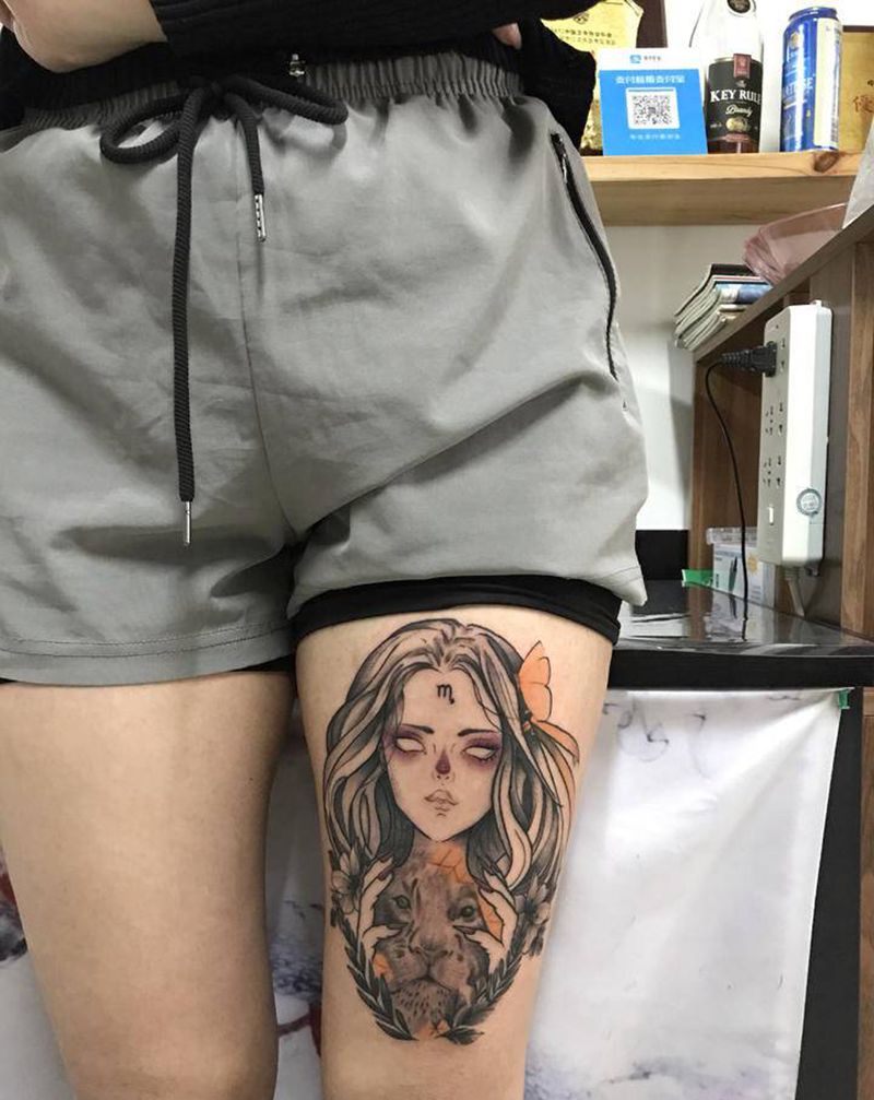 客带图纹身图片_腿部欧美写实纹身图案