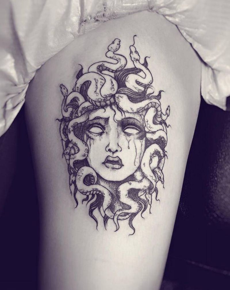 美杜莎纹身图片_颈部腰部New School几何纹身图案