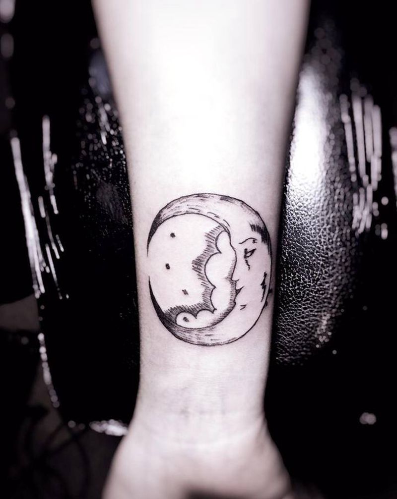 月亮纹身图片_颈部腿部水彩New School纹身图案