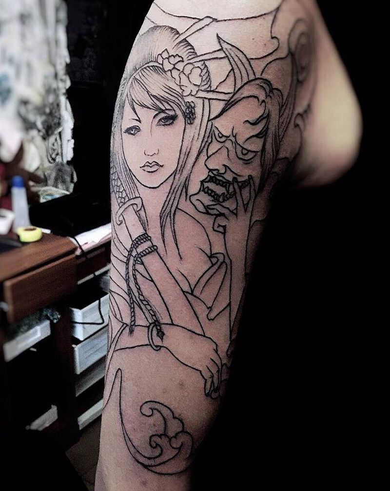 太刺激了，纹完之后生了五胞胎纹身图片_颈部腿部老传统水墨纹身图案