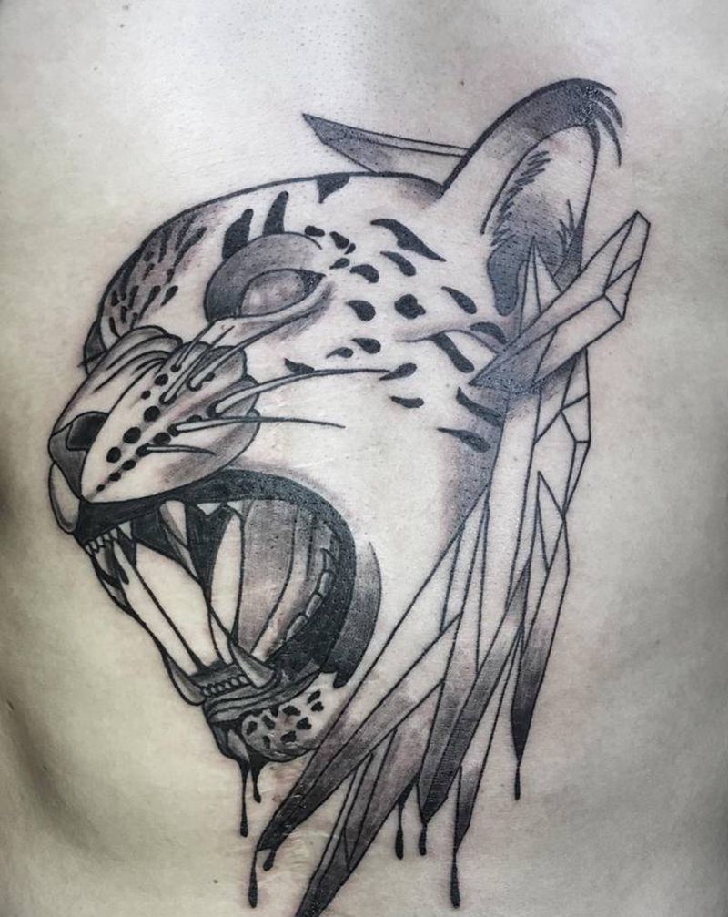 豹纹身图片_腹部Old School纹身图案