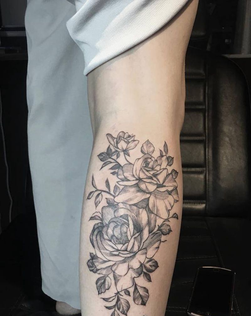 素花纹身图片_腿部小清新纹身图案